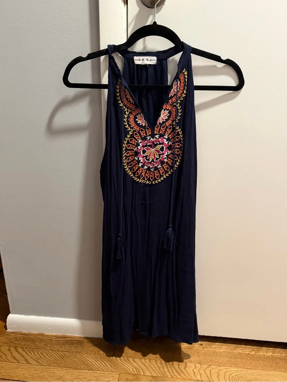 Navy Boho Embroidered Halter Dress